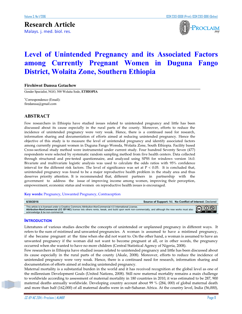 Level of Unintended Pregnancy and Its Associated Factors Among Currently Pregnant Women in Duguna Fango District, Wolaita Zone, Southern Ethiopia