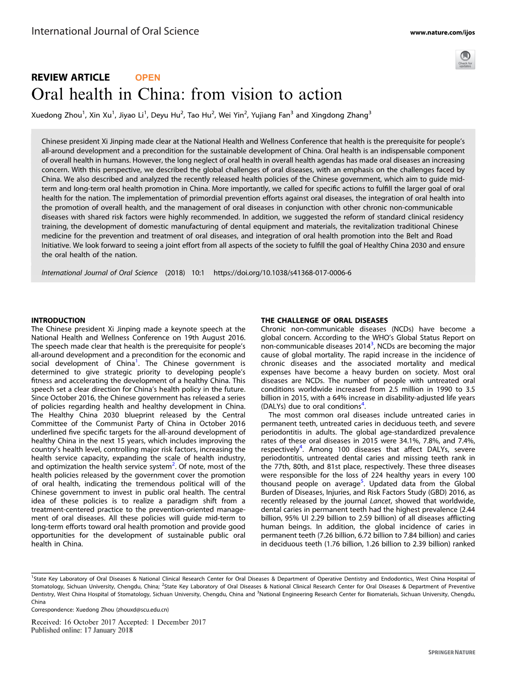 Oral Health in China: from Vision to Action