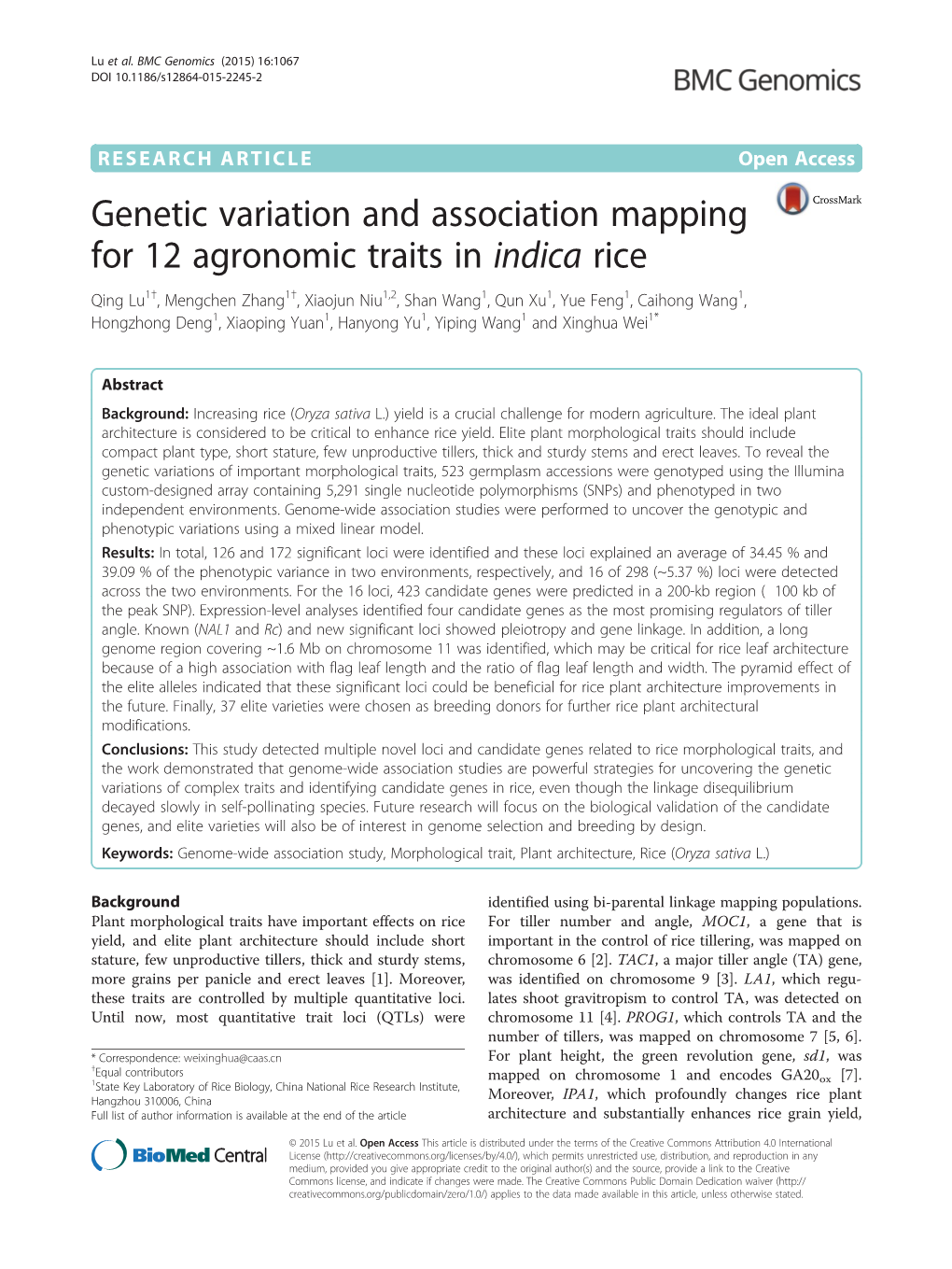 Genetic Variation and Association Mapping for 12 Agronomic Traits In