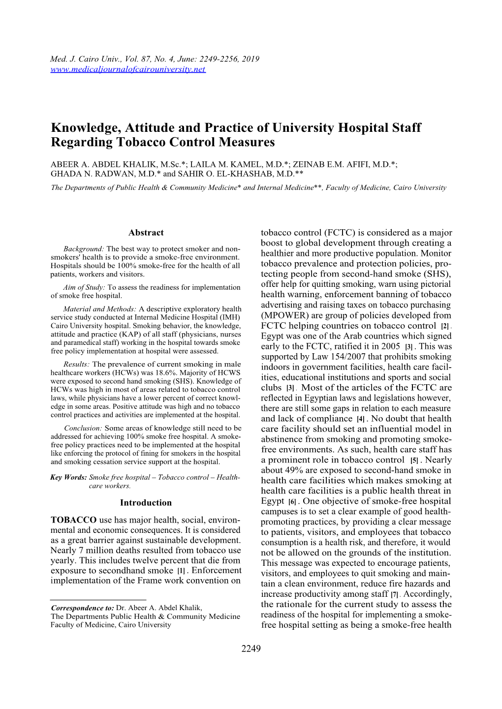 Knowledge, Attitude and Practice of University Hospital Staff Regarding Tobacco Control Measures
