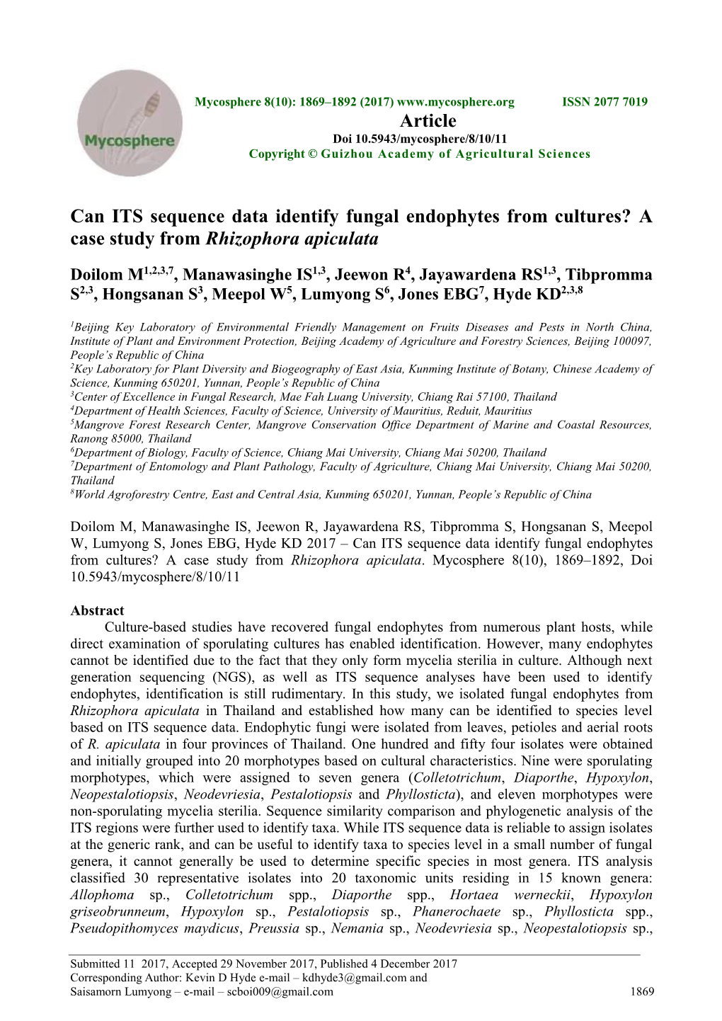 Can ITS Sequence Data Identify Fungal Endophytes from Cultures? a Case Study from Rhizophora Apiculata