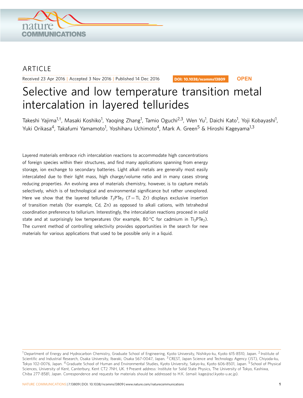 Selective and Low Temperature Transition Metal Intercalation in Layered Tellurides