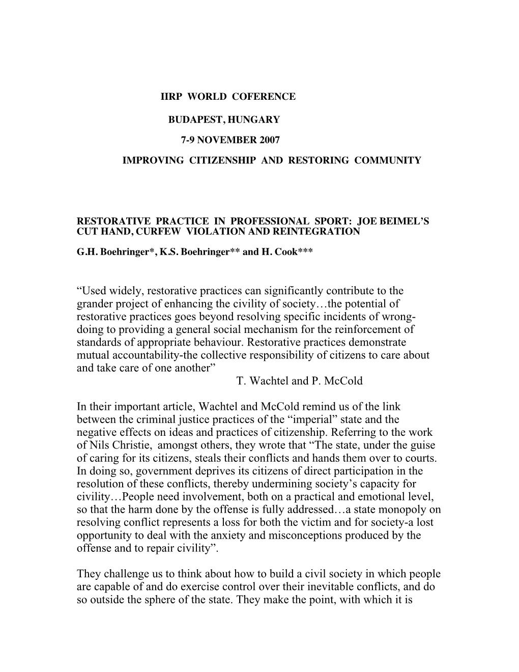 Restorative Practice in Professional Sport: Joe Beimel’S Cut Hand, Curfew Violation and Reintegration G.H