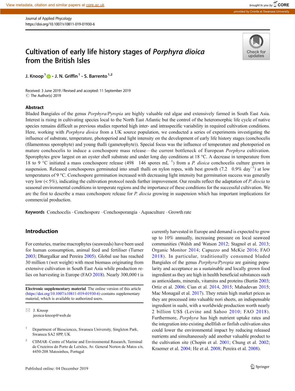 Cultivation of Early Life History Stages of Porphyra Dioica from the British Isles