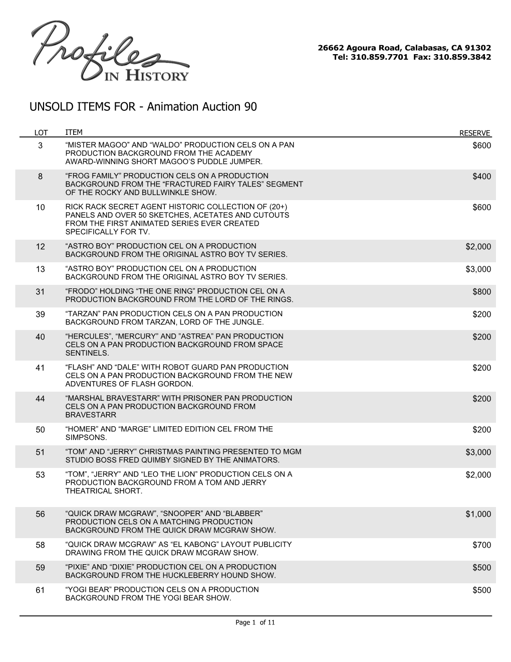 UNSOLD ITEMS for - Animation Auction 90