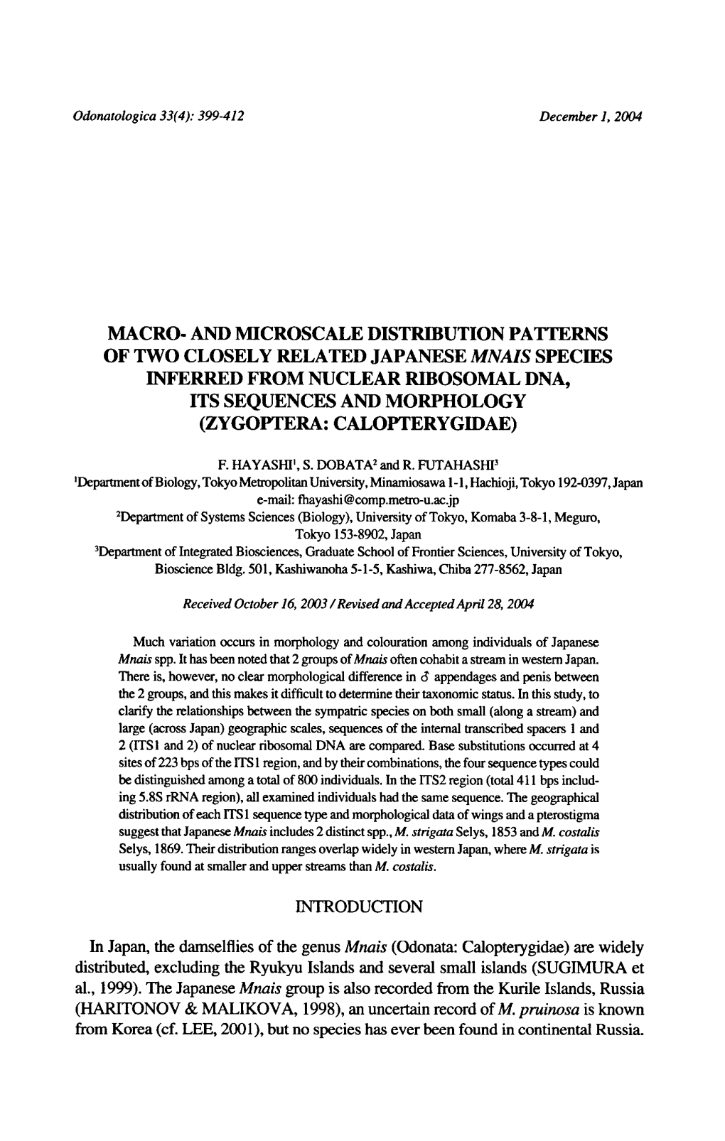 DNA, Its Sequences (Zygoptera: Calopterygidae)