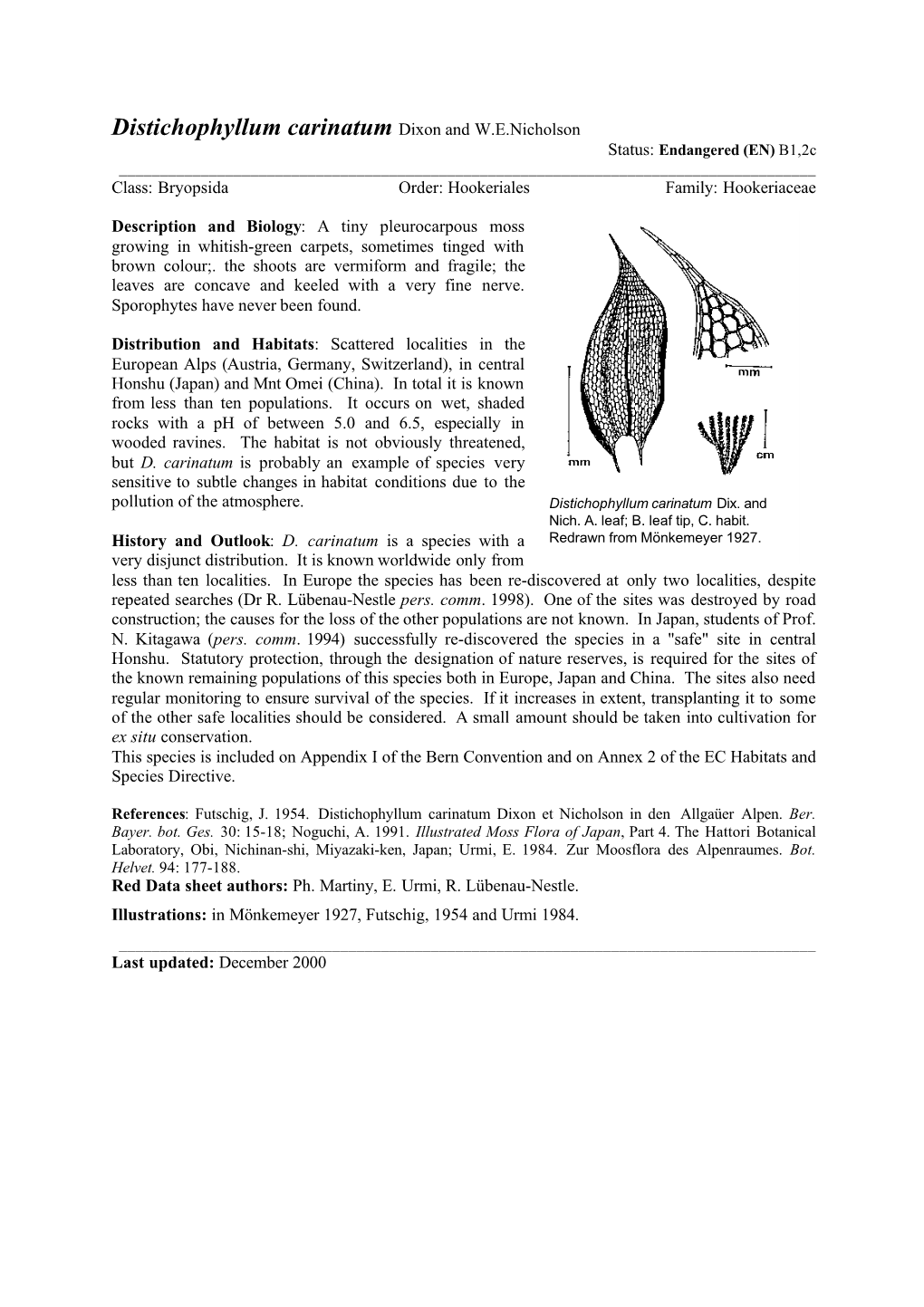 Distichophyllum Carinatum Dixon and W.E.Nicholson Status: Endangered (EN) B1,2C ______Class: Bryopsida Order: Hookeriales Family: Hookeriaceae