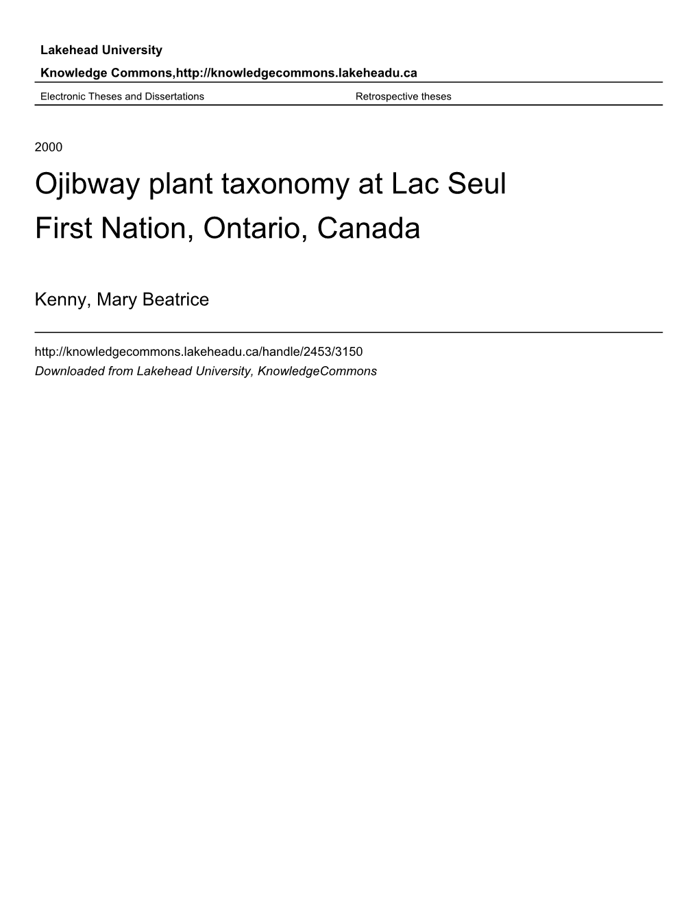 Ojibway Plant Taxonomy at Lac Seul First Nation, Ontario, Canada