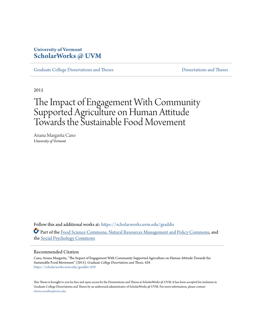 The Impact of Engagement with Community Supported Agriculture on Human Attitude Towards the Sustainable Food Movement