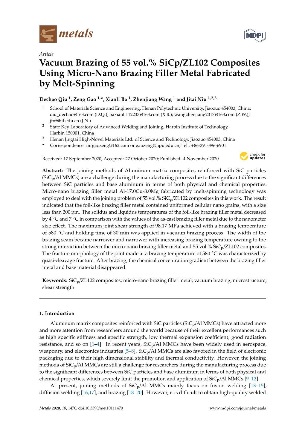 Vacuum Brazing of 55 Vol.% Sicp/ZL102 Composites Using Micro-Nano Brazing Filler Metal Fabricated by Melt-Spinning