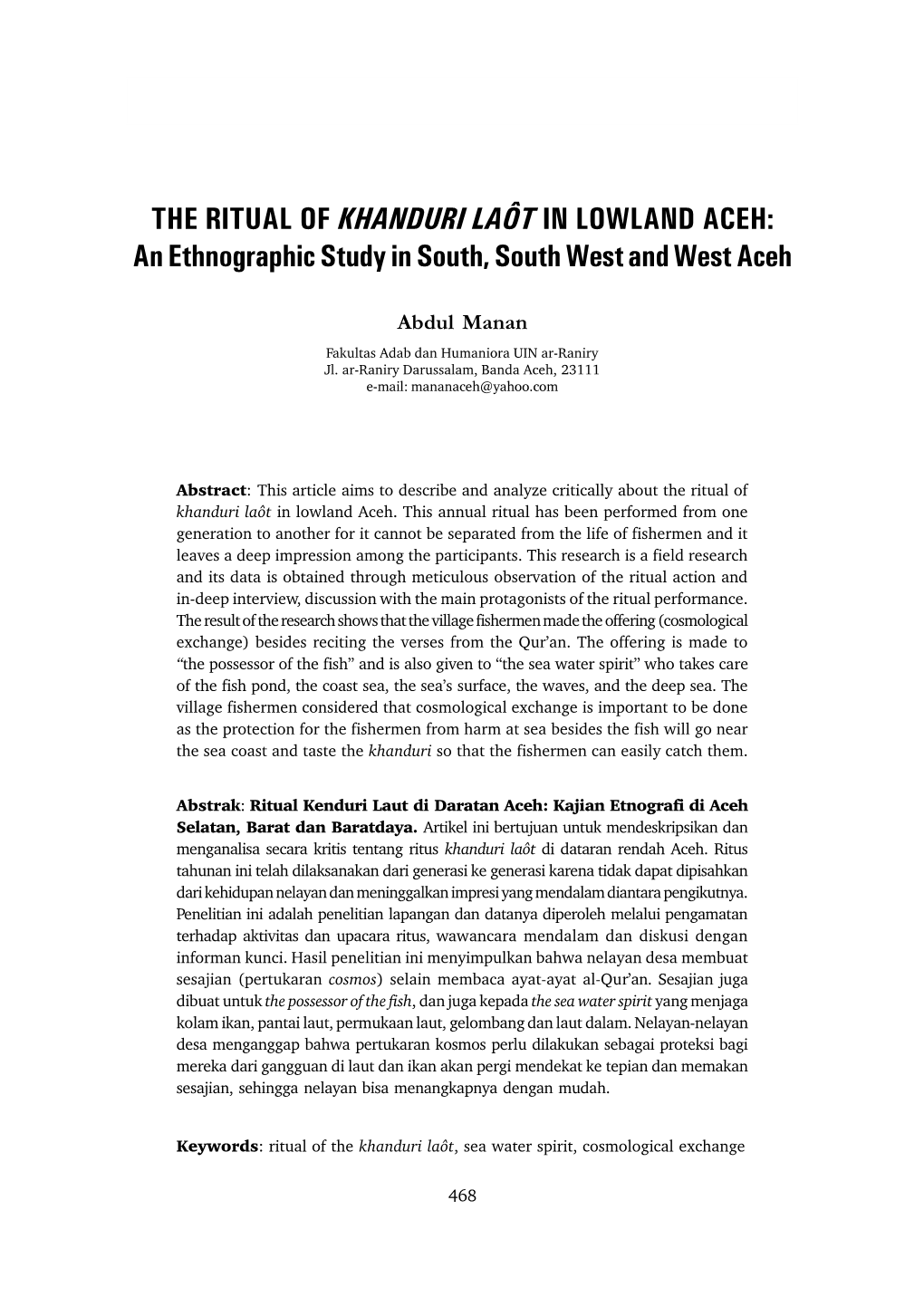 THE RITUAL of KHANDURI LAÔT in LOWLAND ACEH: an Ethnographic Study in South, South West and West Aceh