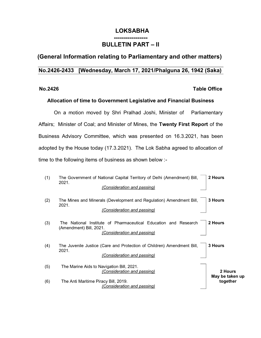 Lok Sabha Agreed to Allocation of Time to the Following Items of Business As Shown Below