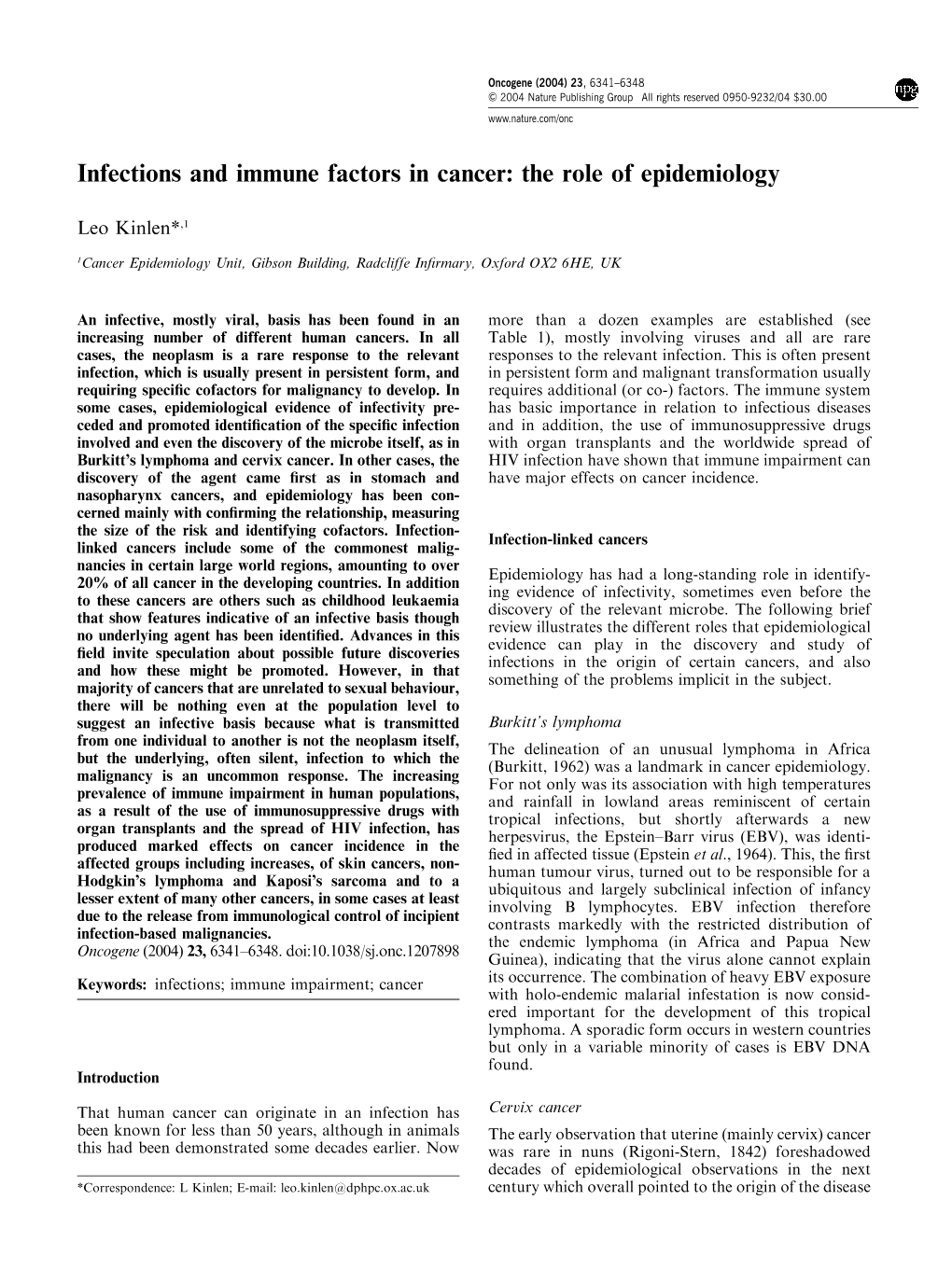 Infections and Immune Factors in Cancer: the Role of Epidemiology