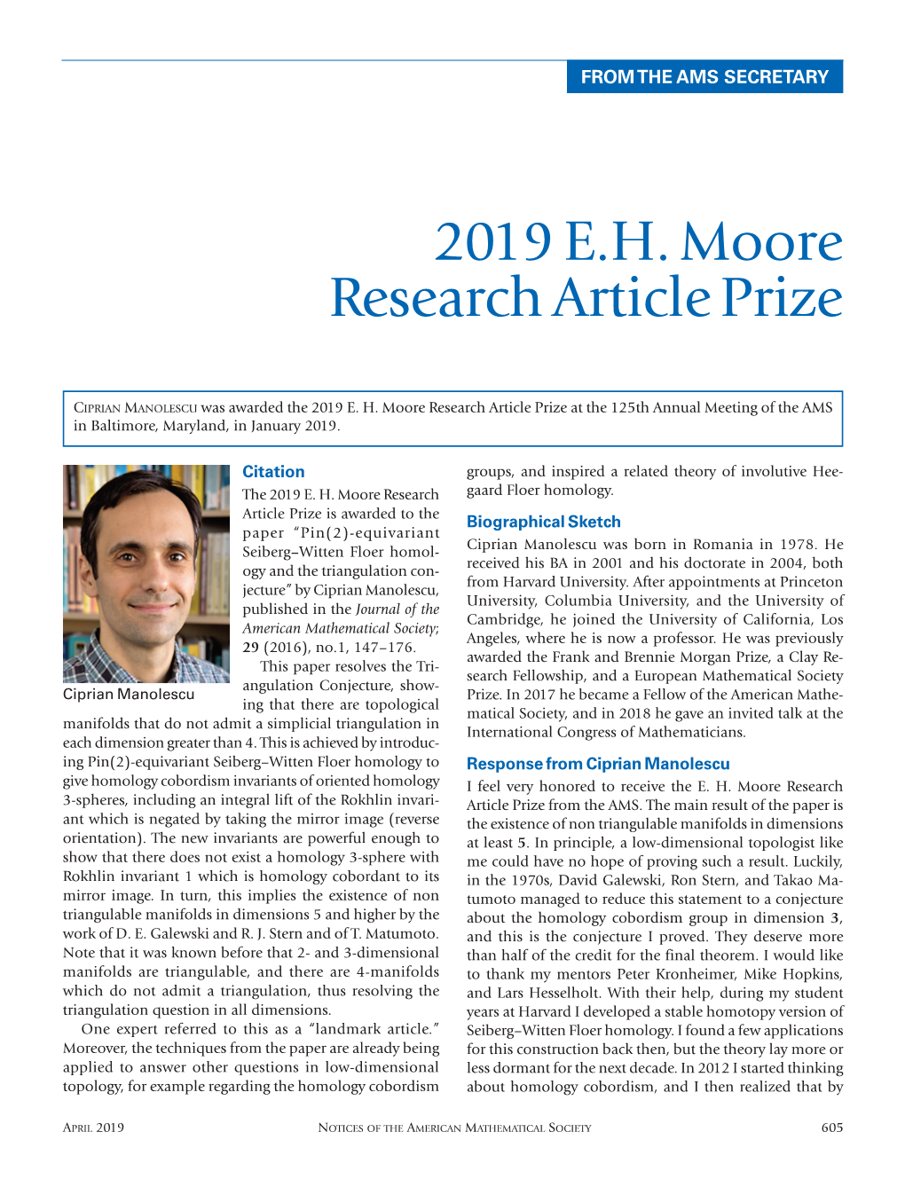 2019 E.H. Moore Research Article Prize