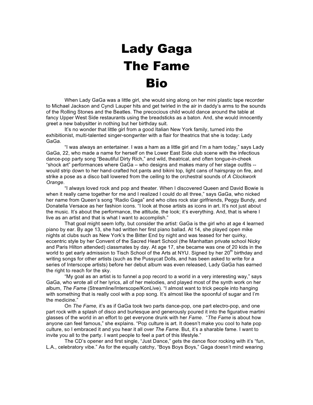 Lady Gaga the Fame Bio