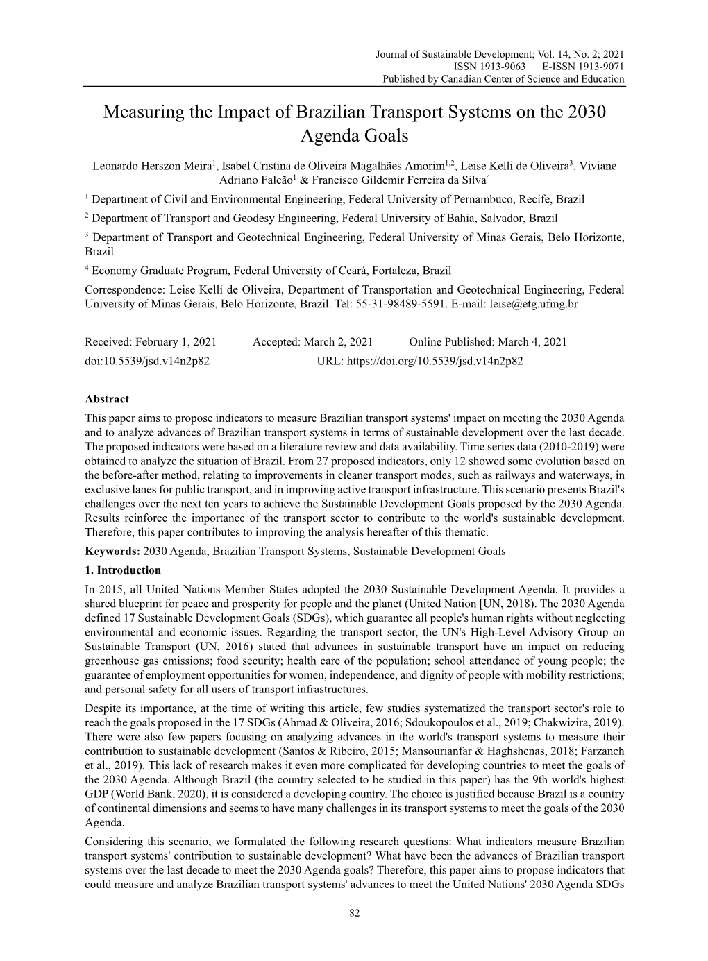 Measuring the Impact of Brazilian Transport Systems on the 2030 Agenda Goals