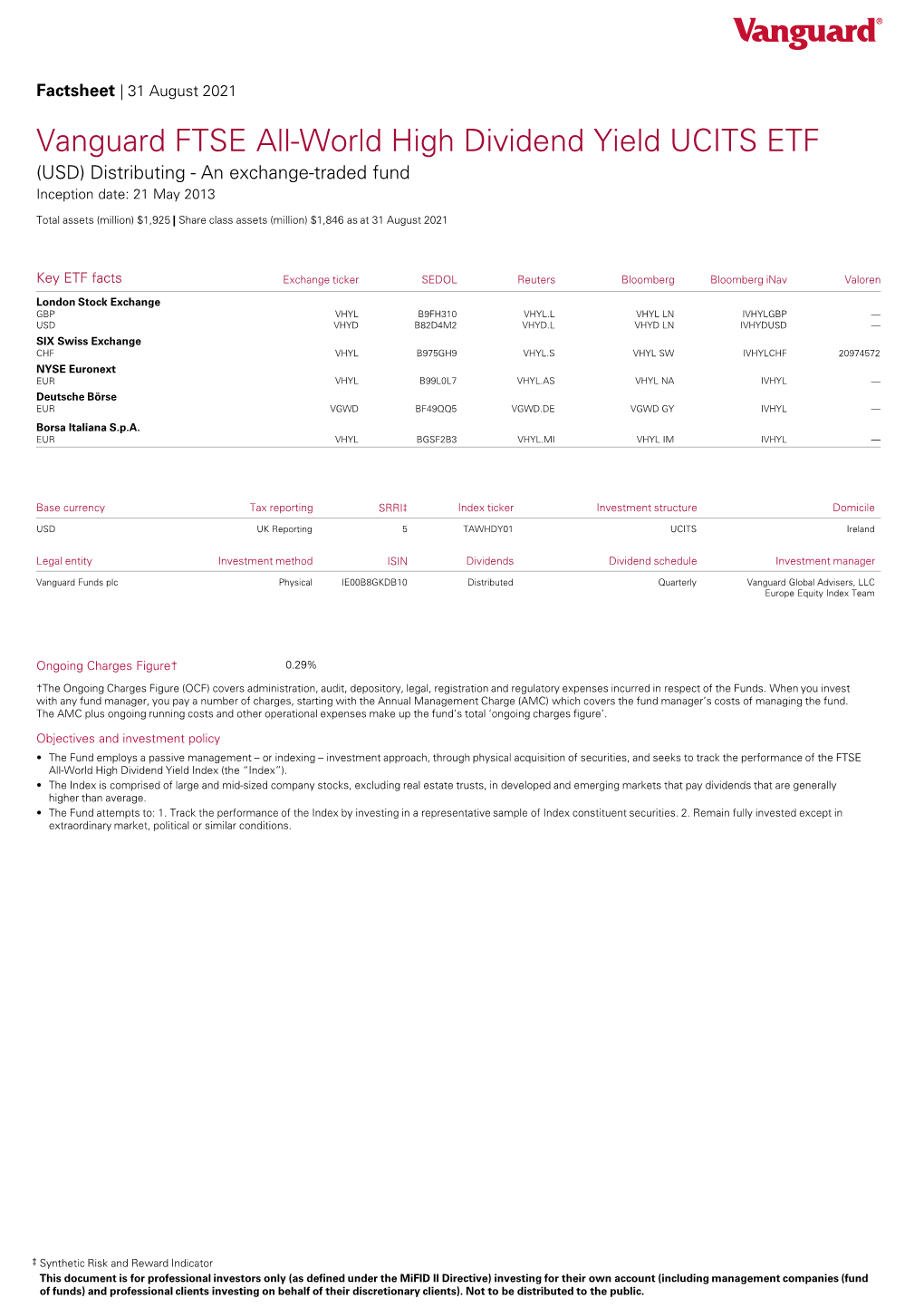 Vanguard FTSE All-World High Dividend Yield UCITS ETF (USD) Distributing - an Exchange-Traded Fund Inception Date: 21 May 2013