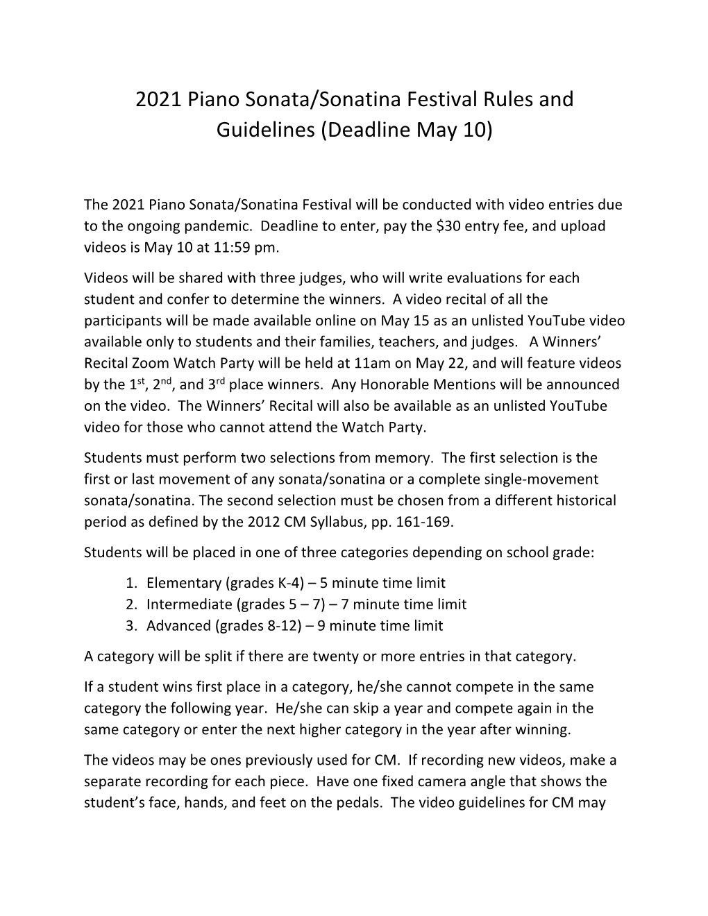 2021 Piano Sonata/Sonatina Festival Rules and Guidelines (Deadline May 10)