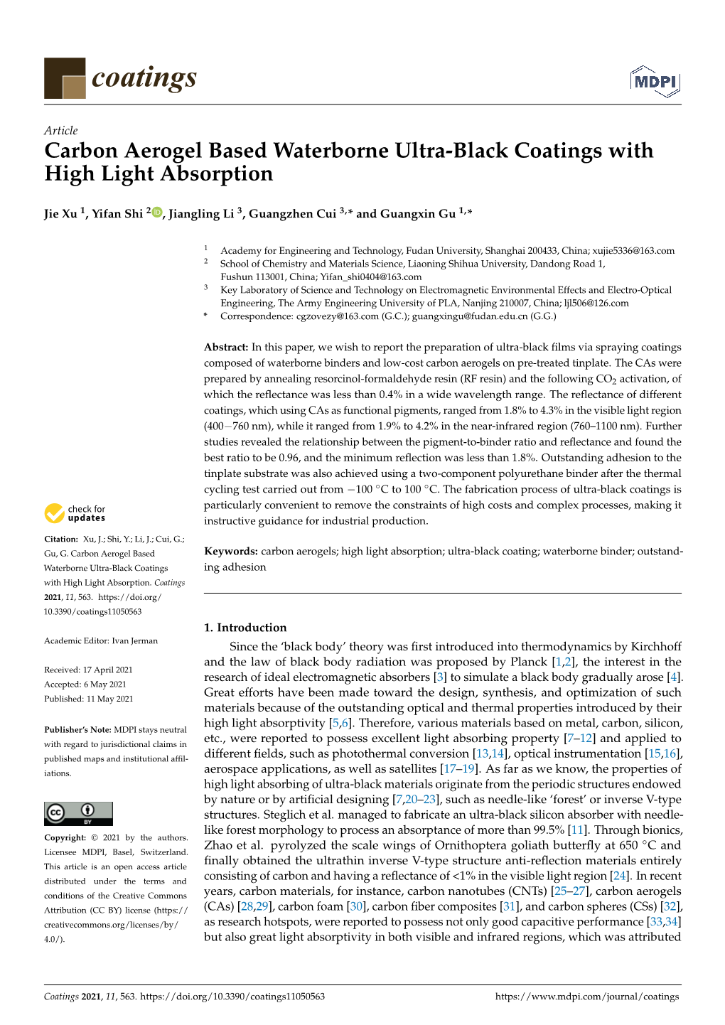 Carbon Aerogel Based Waterborne Ultra-Black Coatings with High Light Absorption