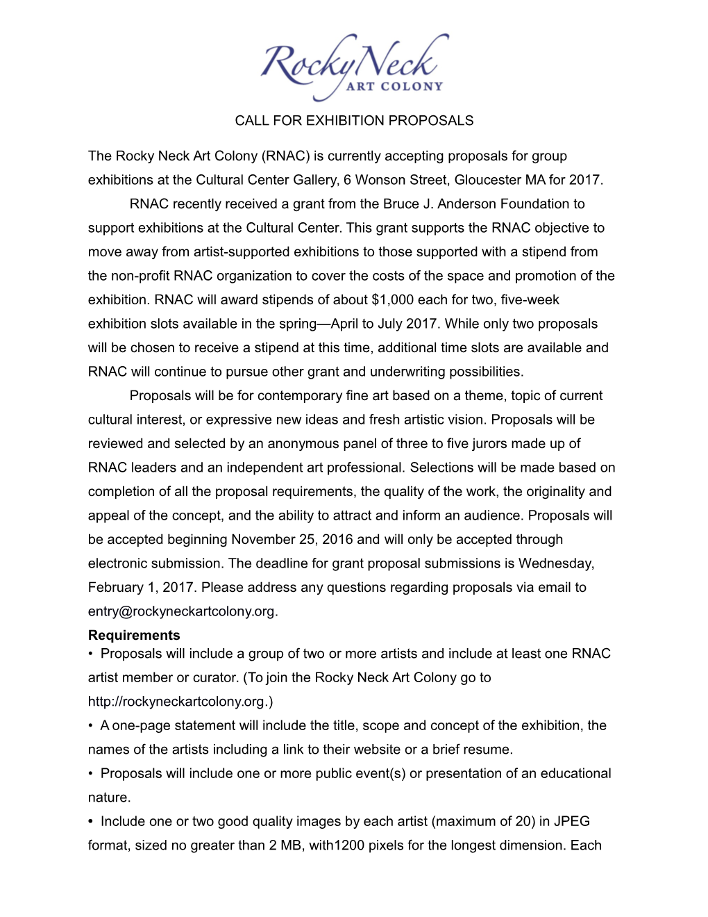 (RNAC) Is Currently Accepting Proposals for Group Exhibitions at the Cultural Center Gallery, 6 Wonson Street, Gloucester MA for 2017