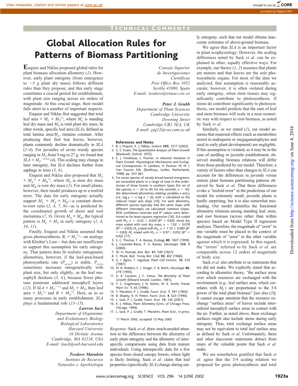 Global Allocation Rules for Patterns of Biomass Partitioning Lawren Sack, Teodoro Marañón and Peter J