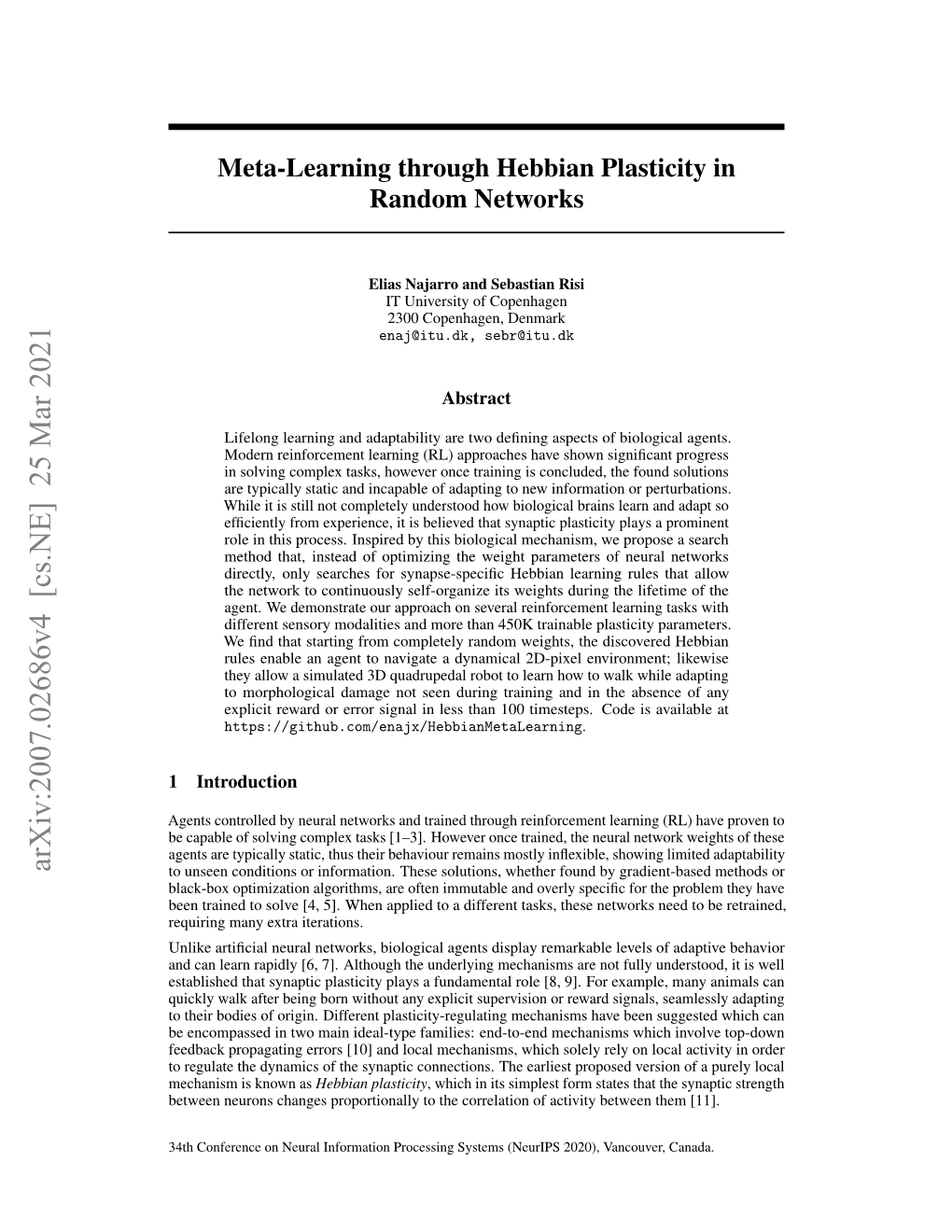 Meta-Learning Through Hebbian Plasticity in Random Networks