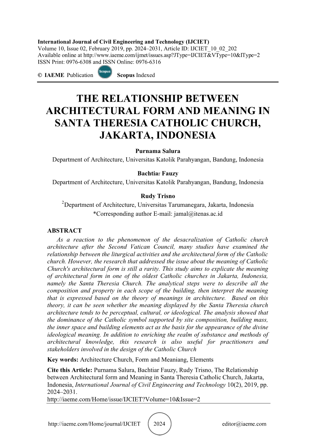 The Relationship Between Architectural Form and Meaning in Santa Theresia Catholic Church, Jakarta, Indonesia