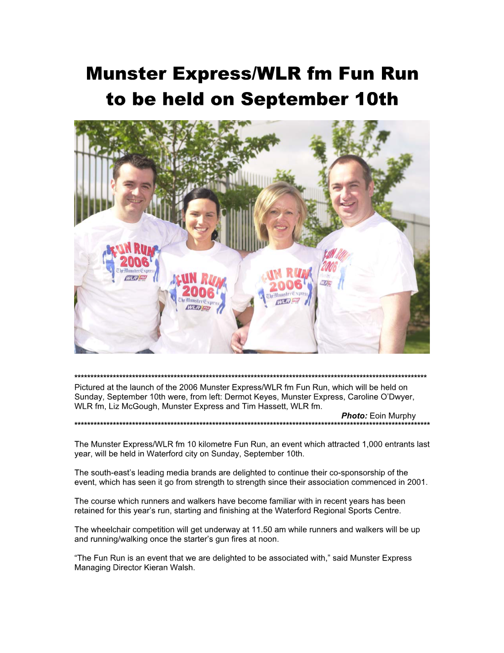 Munster Express/WLR Fm Fun Run to Be Held on September 10Th