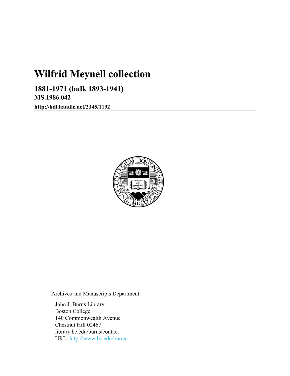 Wilfrid Meynell Collection 1881-1971 (Bulk 1893-1941) MS.1986.042