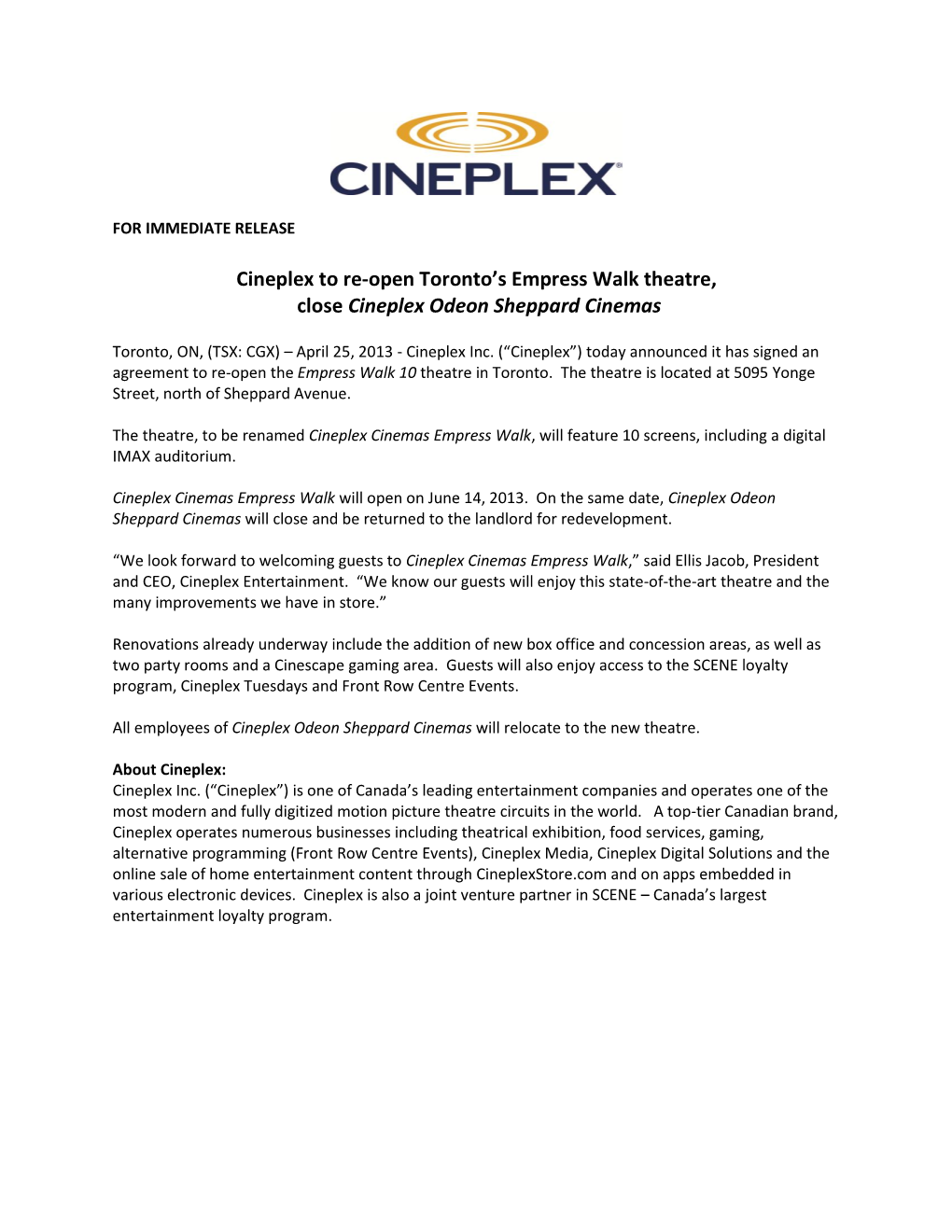 Cineplex to Re-Open Toronto's Empress Walk Theatre, Close Cineplex Odeon Sheppard Cinemas