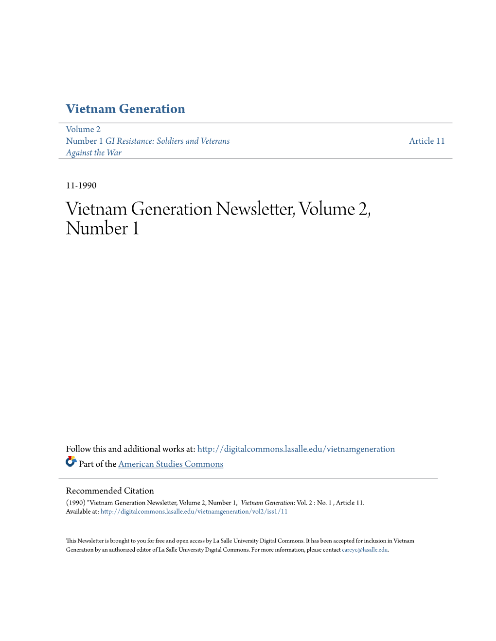 Vietnam Generation Newsletter, Volume 2, Number 1