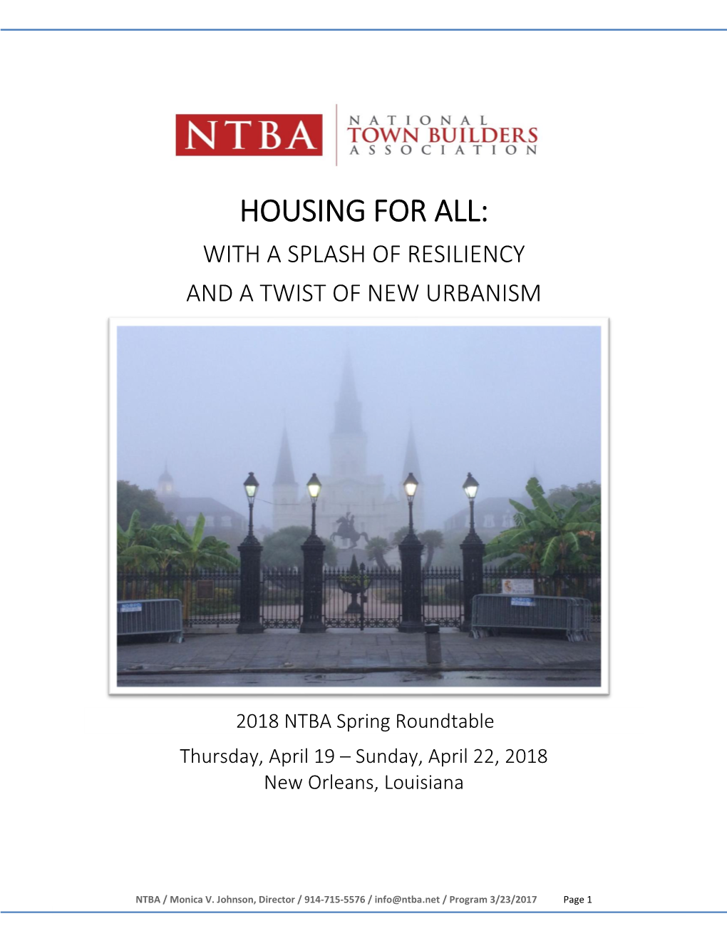 2017 NTBA FALL ROUNDTABLE HOUSING for ALL Thursday - Sunday, April 19-22, 2018