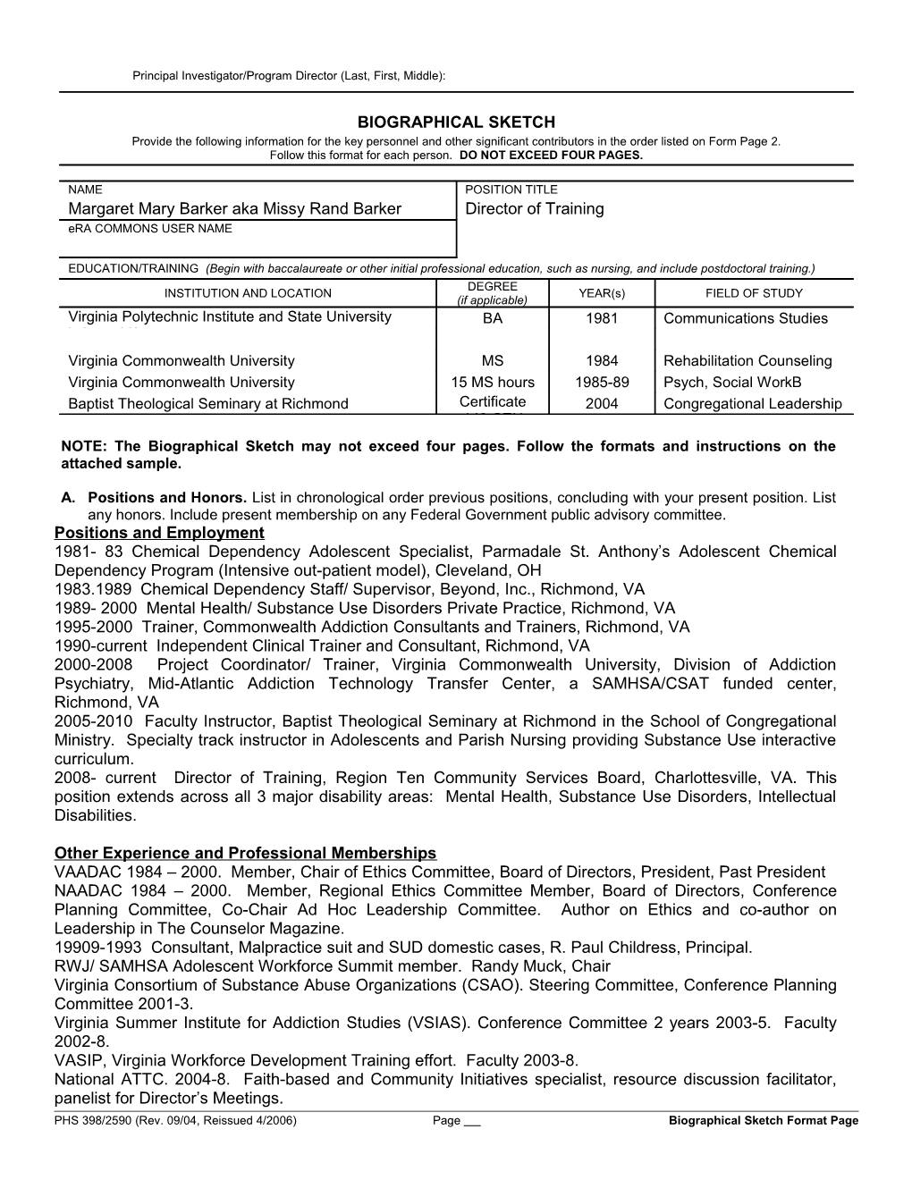 PHS 398 (Rev. 9/04), Biographical Sketch Format Page s16