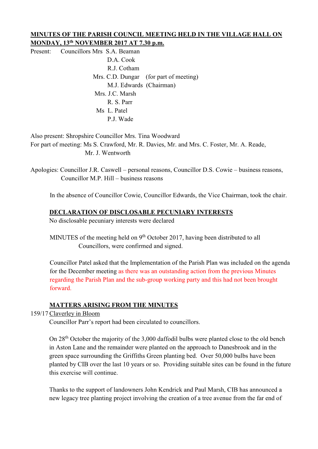 MINUTES of the PARISH COUNCIL MEETING HELD in the VILLAGE HALL on MONDAY, 13Th NOVEMBER 2017 at 7.30 P.M. Present: Councillors Mrs S.A