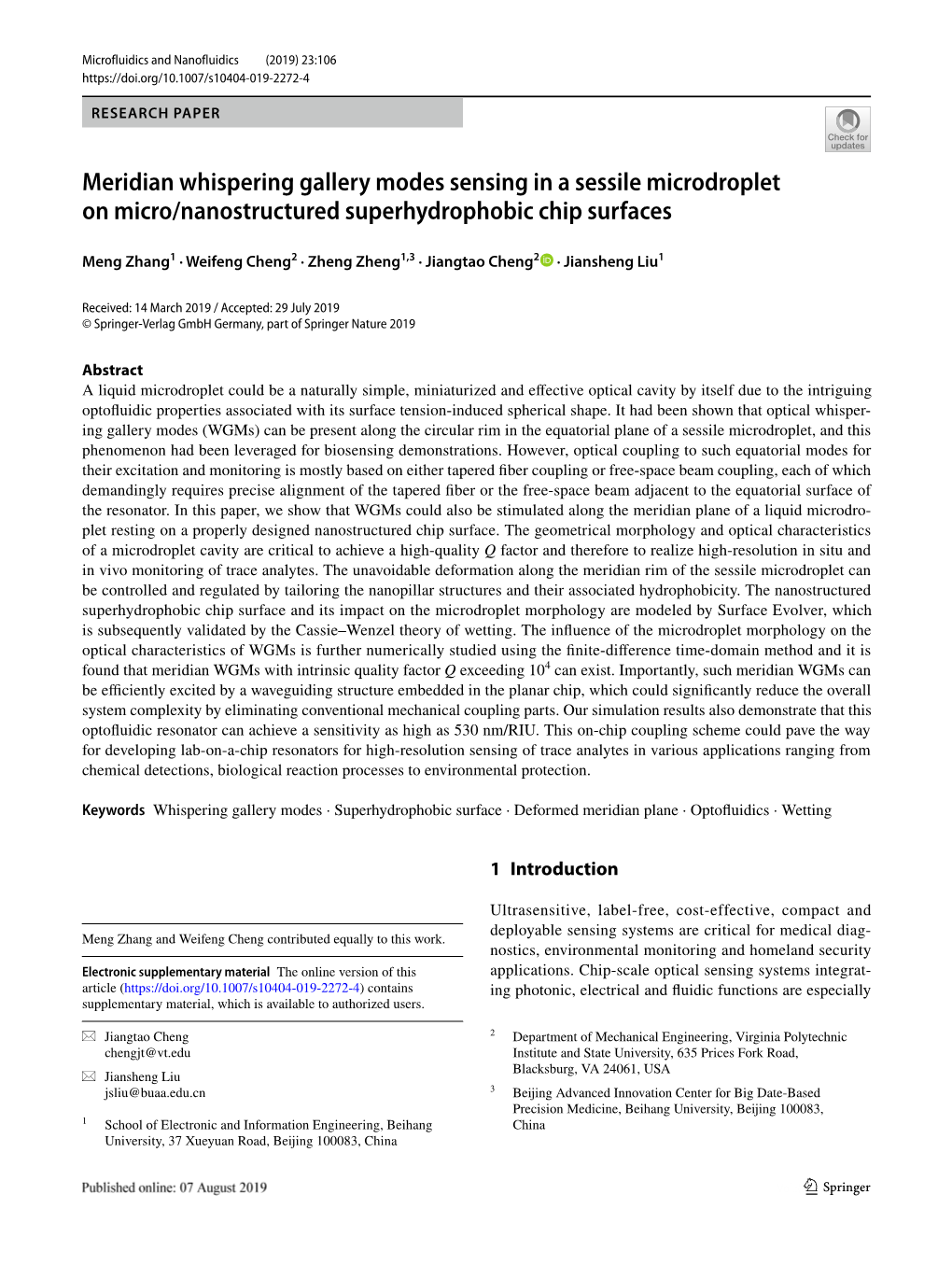 Meridian Whispering Gallery Modes Sensing in a Sessile Microdroplet on Micro/Nanostructured Superhydrophobic Chip Surfaces