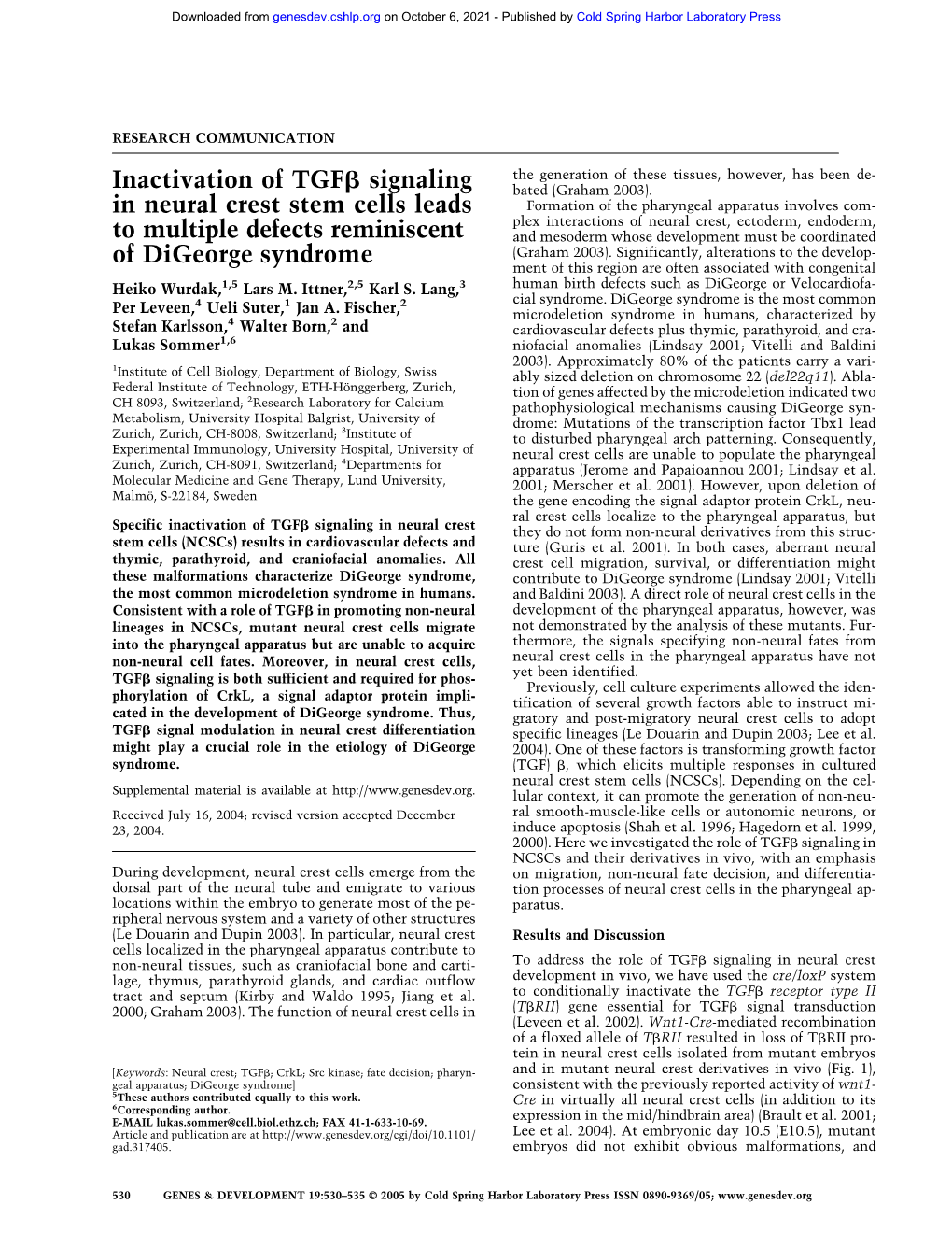 Inactivation of Tgfß Signaling in Neural Crest Stem Cells Leads To