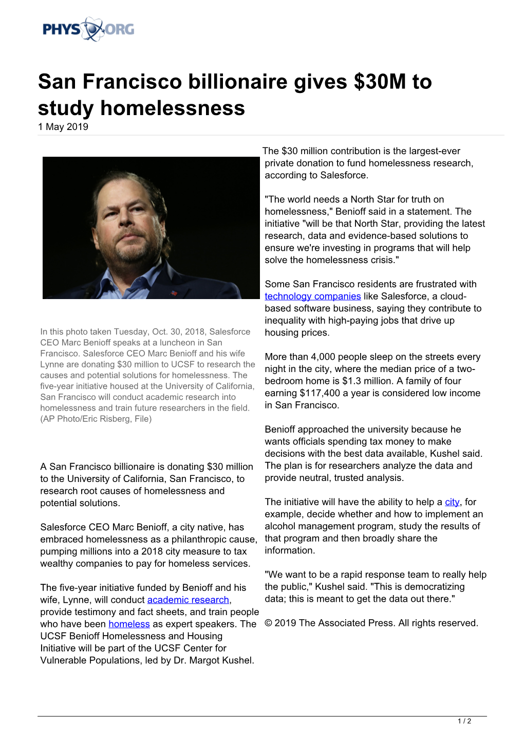 San Francisco Billionaire Gives $30M to Study Homelessness 1 May 2019
