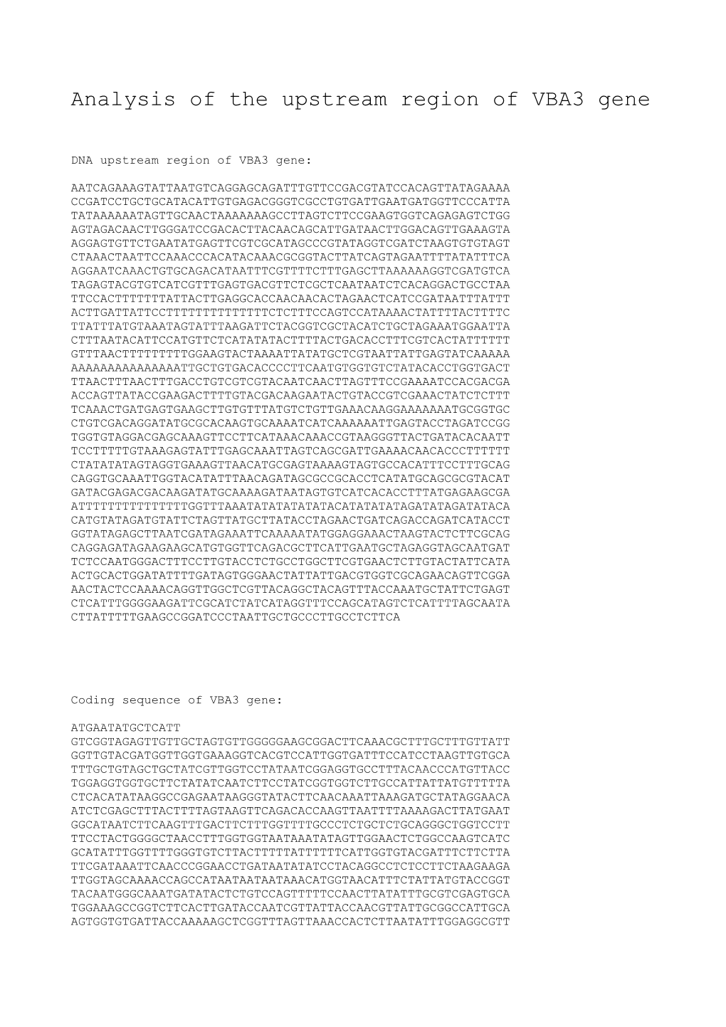 Analysis of the Upstream Region of VBA3 Gene