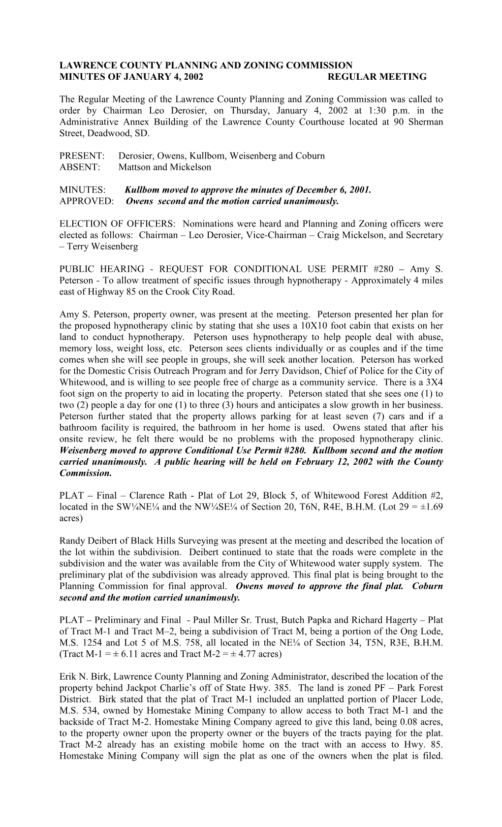 Lawrence County Planning and Zoning Commission Minutes of January 4, 2002 Regular Meeting