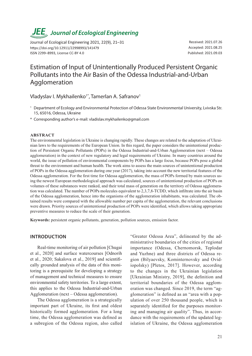 Estimation of Input of Unintentionally Produced Persistent Organic Pollutants Into the Air Basin of the Odessa Industrial-And-Urban Agglomeration