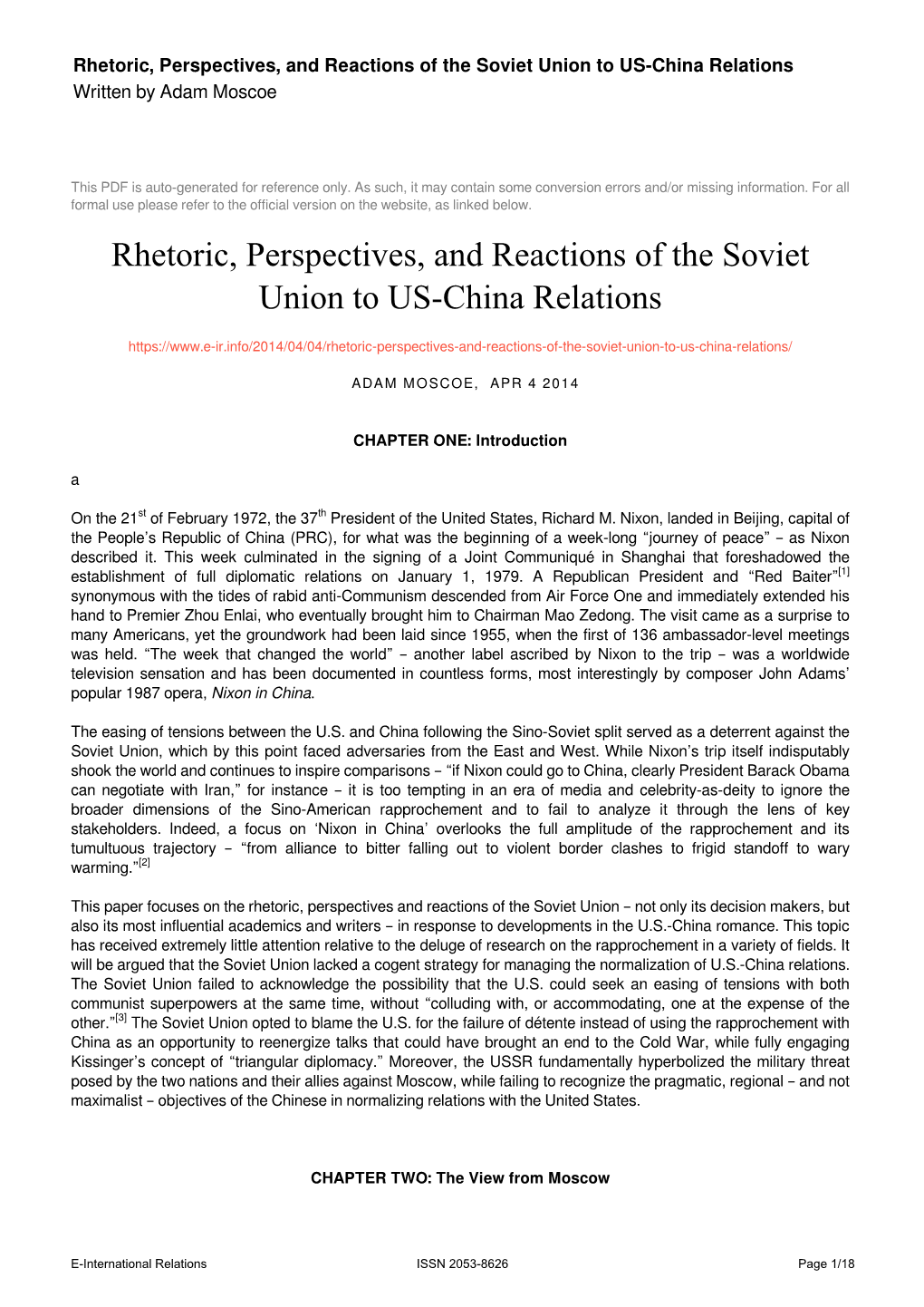 Rhetoric, Perspectives, and Reactions of the Soviet Union to US-China Relations Written by Adam Moscoe