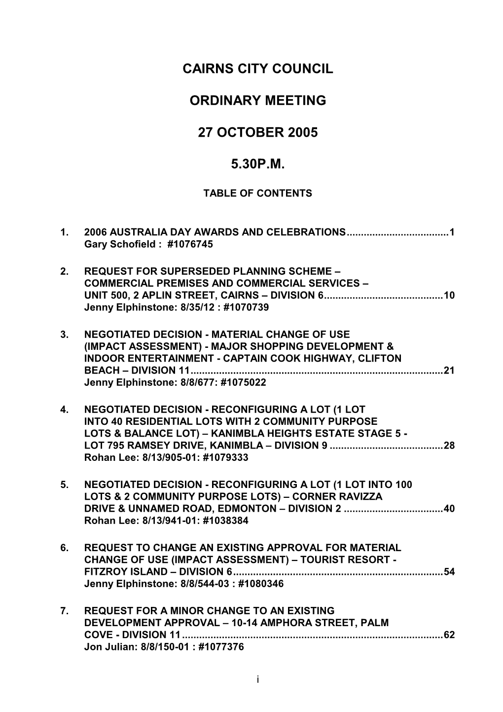 Cairns City Council Ordinary Meeting 27 October 2005 5.30