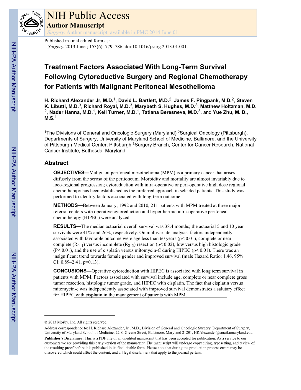 Treatment Factors Associated with Long-Term Survival Following Cytoreductive Surgery and Regional Chemotherapy for Patients with Malignant Peritoneal Mesothelioma