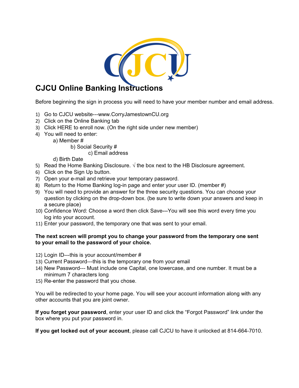 CJCU Online Banking Instructions