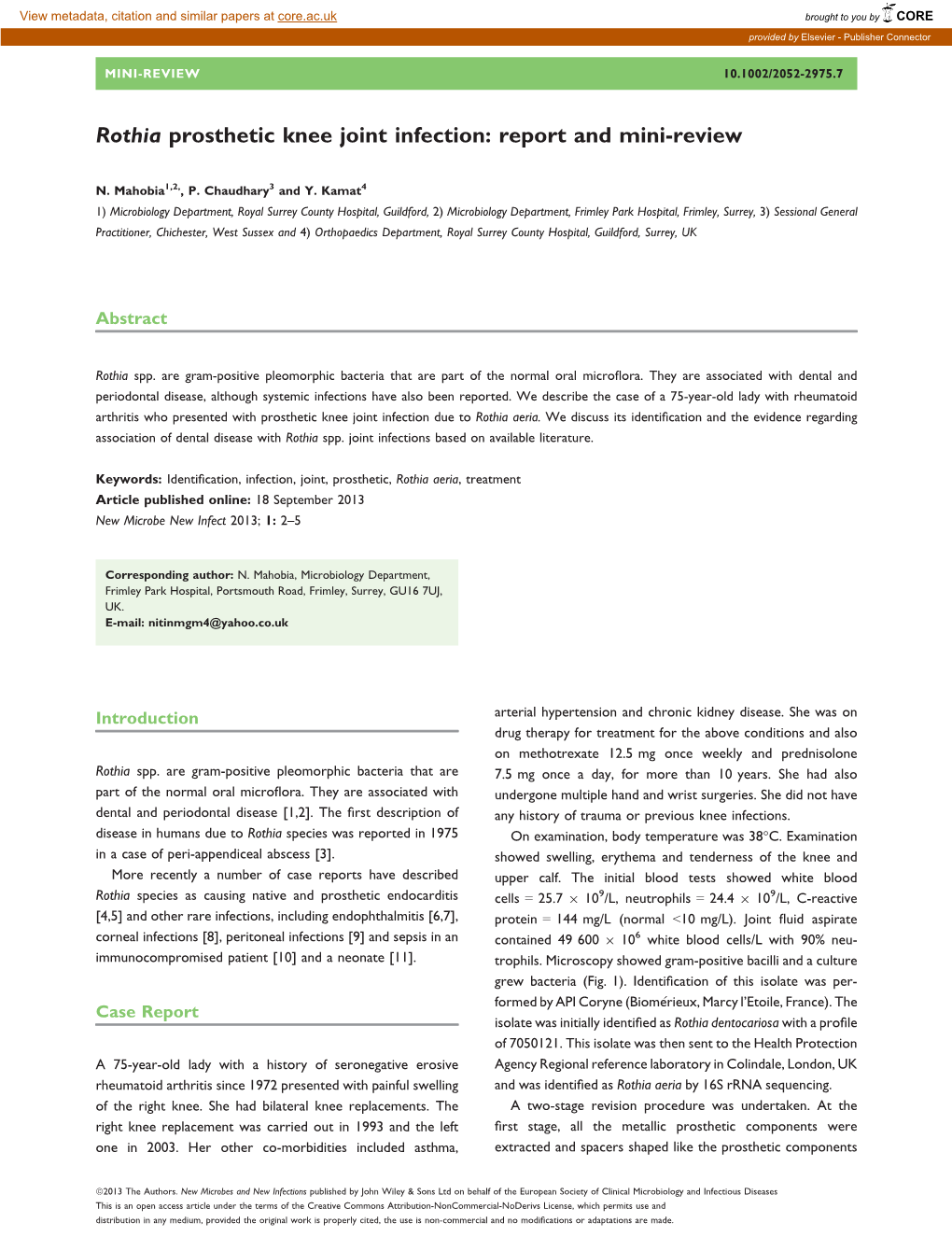 Rothia Prosthetic Knee Joint Infection: Report and Mini-Review