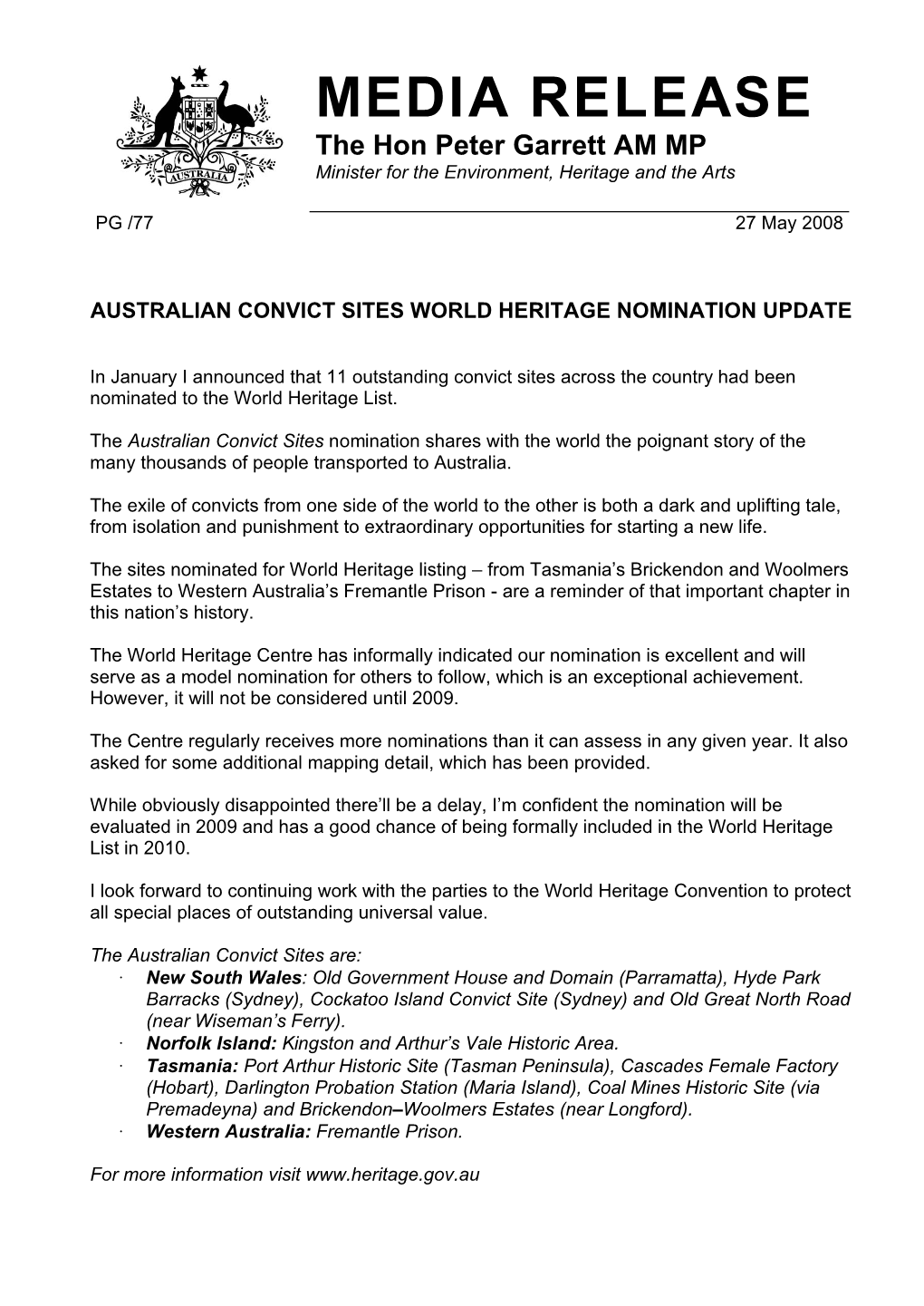 Australian Convict Sites World Heritage Nomination Update