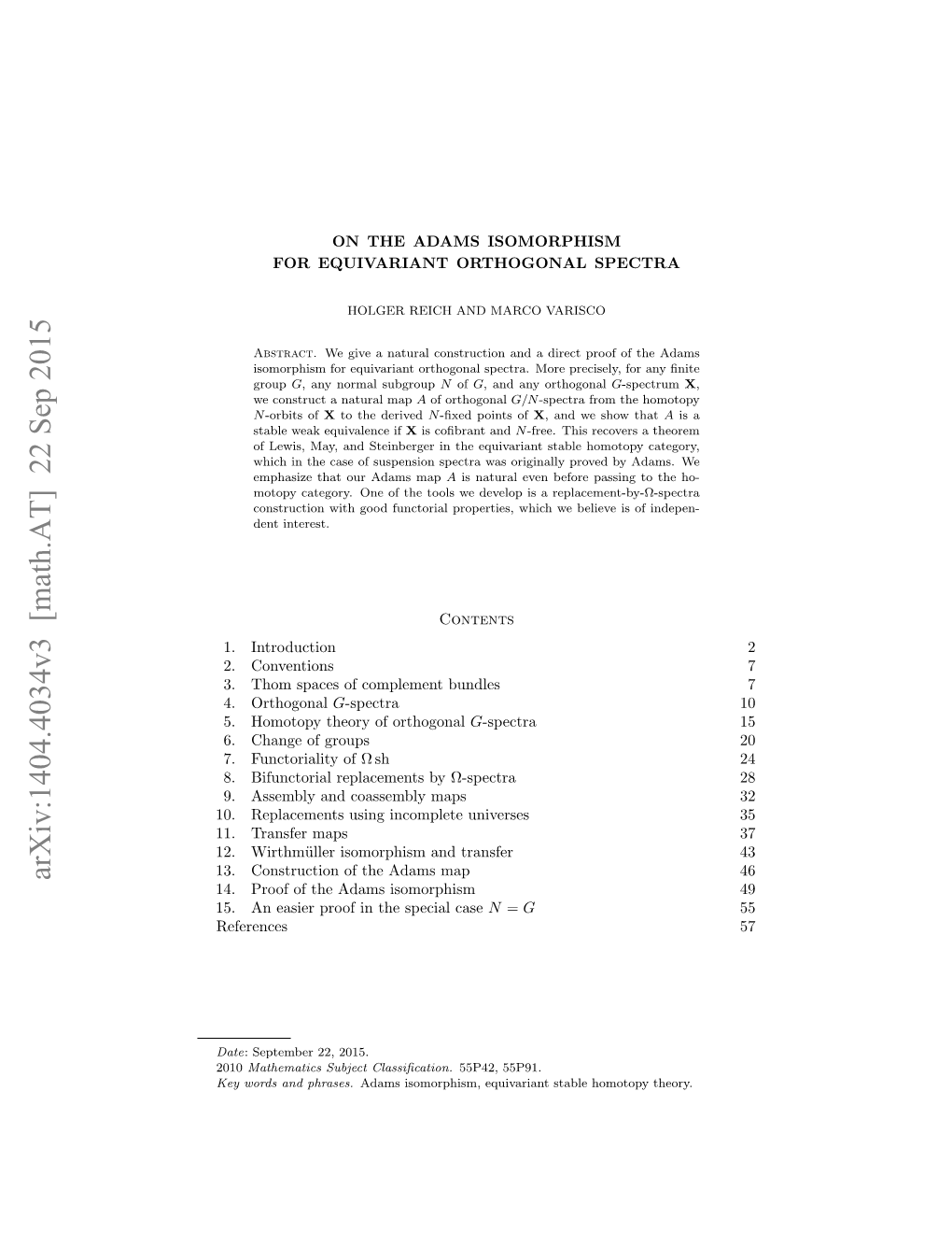 On the Adams Isomorphism for Equivariant Orthogonal Spectra