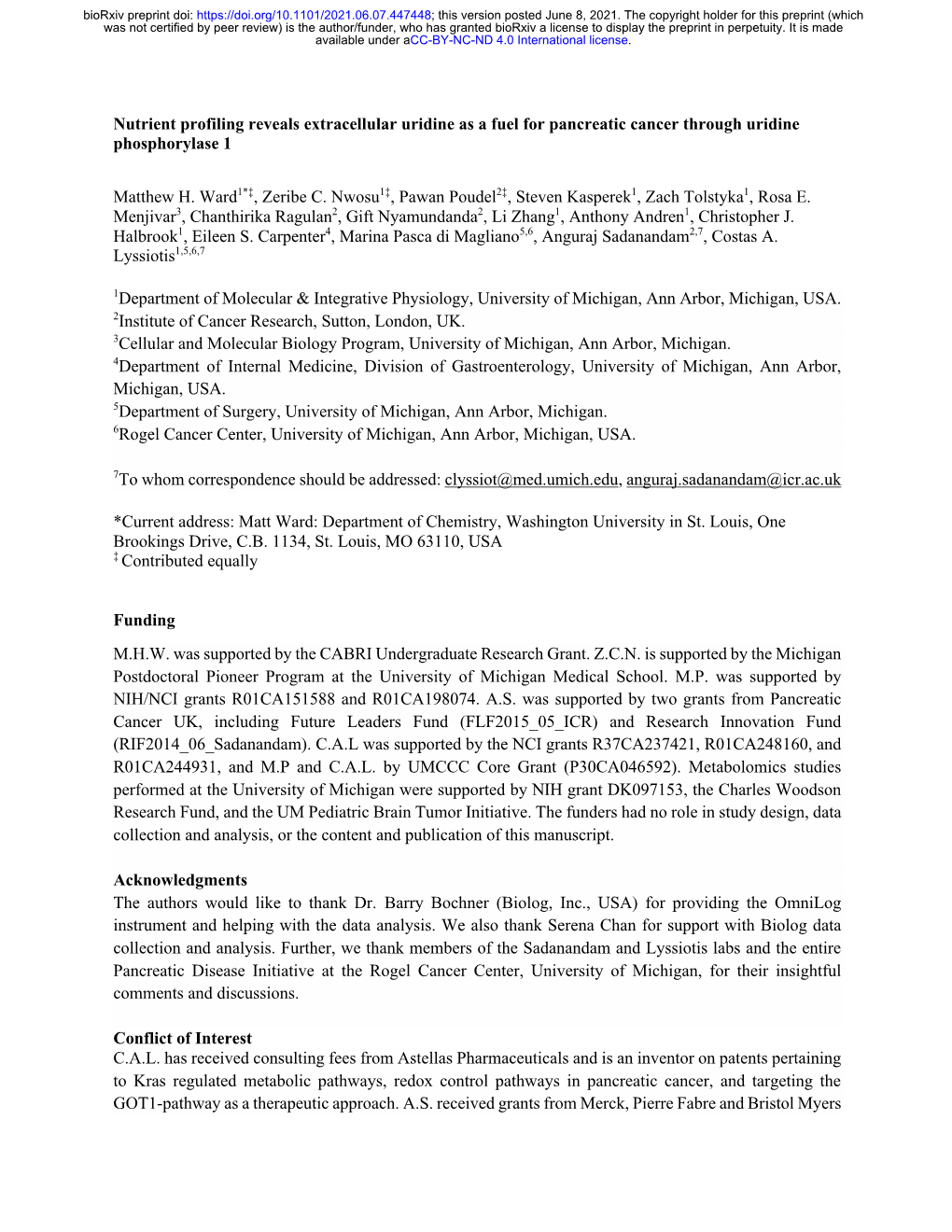 Nutrient Profiling Reveals Extracellular Uridine As a Fuel for Pancreatic Cancer Through Uridine Phosphorylase 1