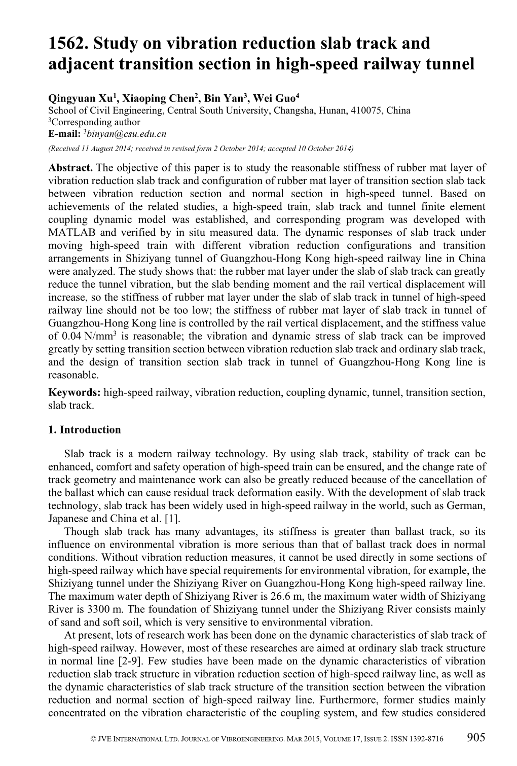 1562. Study on Vibration Reduction Slab Track and Adjacent Transition Section in High-Speed Railway Tunnel