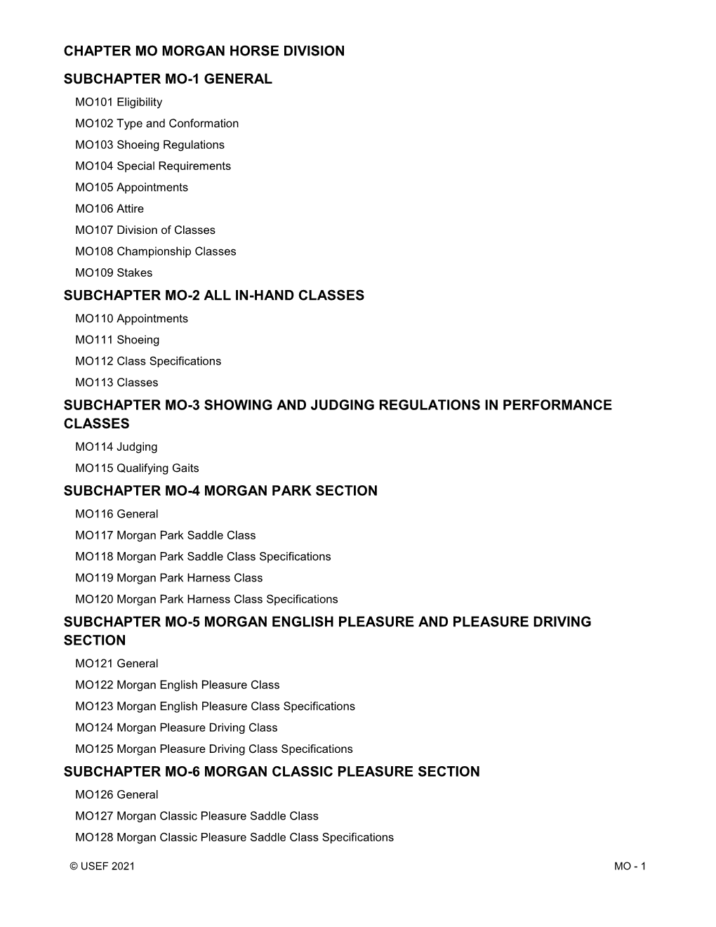 Chapter Mo Morgan Horse Division Subchapter Mo-1 General